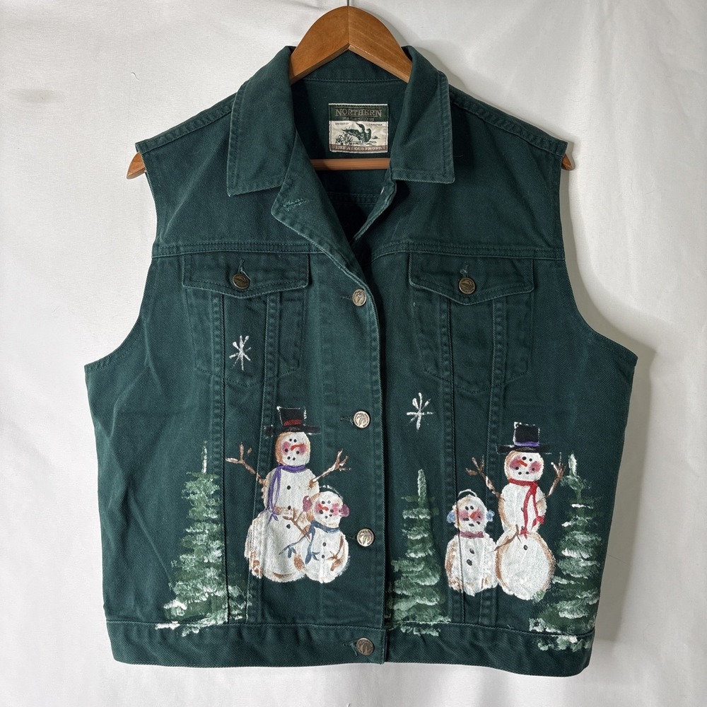 Northern Reflections XL Green Denim Handpainted Snowman Wearable Art OOAK Vest
